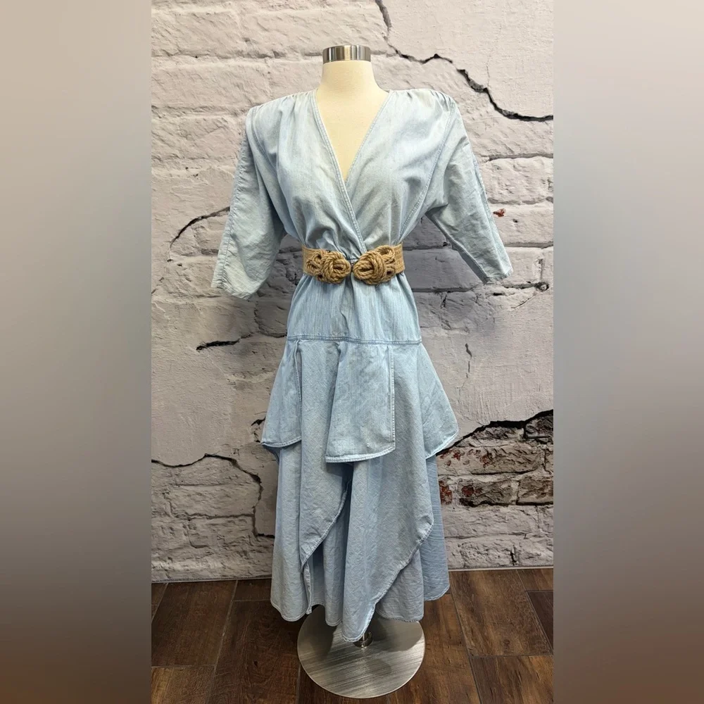 Vintage Pheobe Light Blue Denim Bohemian Hanker-chief Asymmetrical Layered Dress - Picture 3 of 12